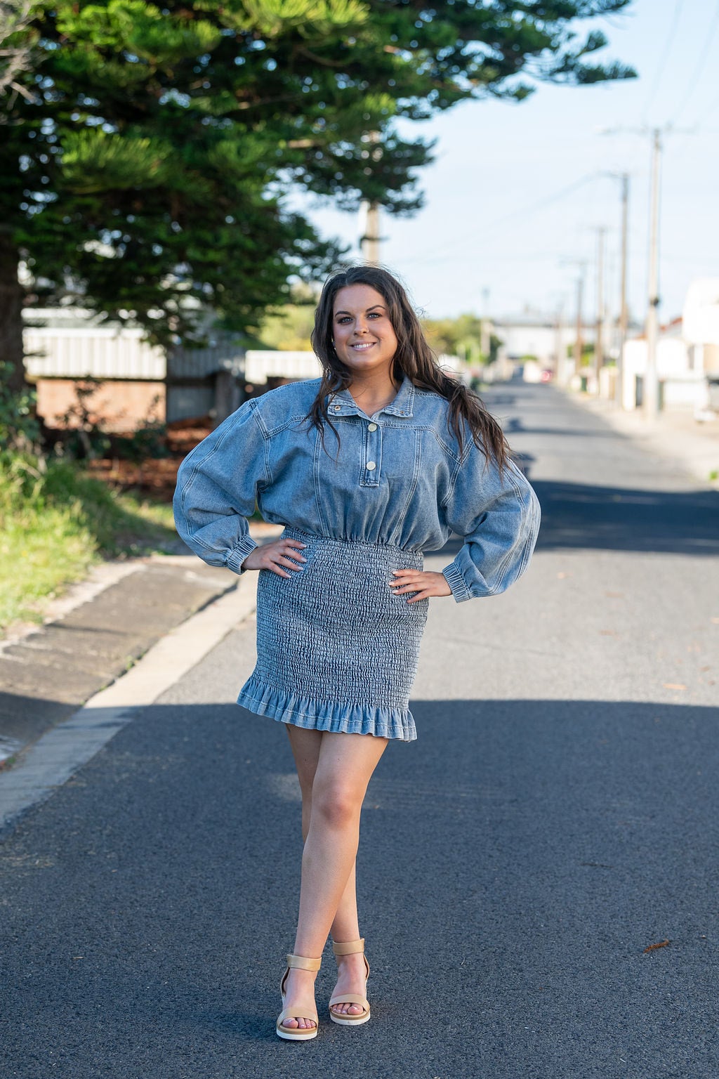 Denim frill clearance dress